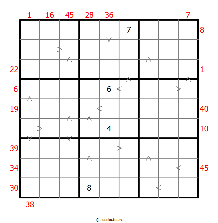 Hybrides Sudoku (XSum+Größer-Als)