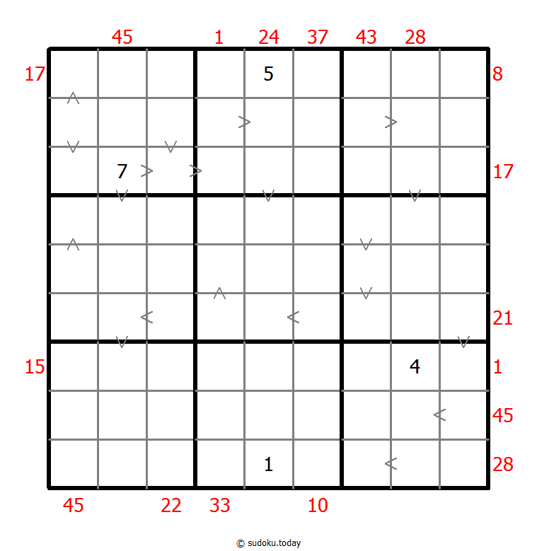 Hybrides Sudoku (XSum+Größer-Als)