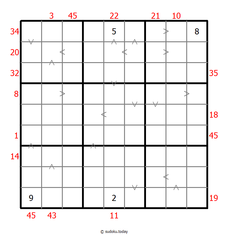 Hybrides Sudoku (XSum+Größer-Als)