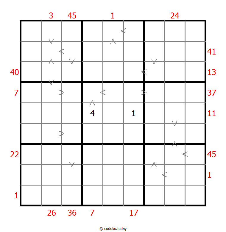 Hybrides Sudoku (XSum+Größer-Als)