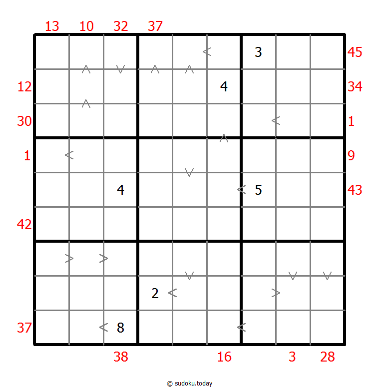 Hybrides Sudoku (XSum+Größer-Als)