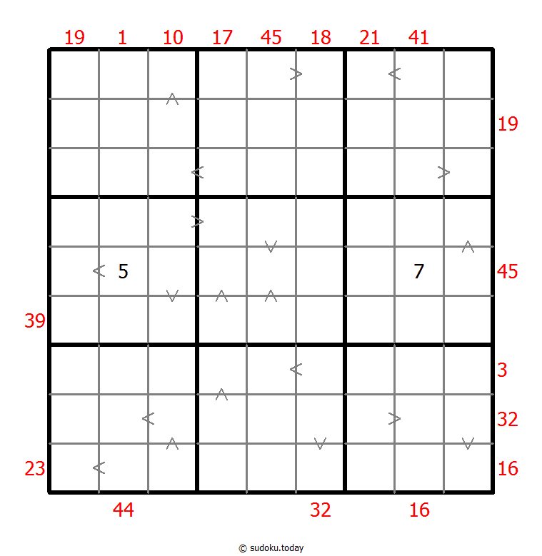 Hybrides Sudoku (XSum+Größer-Als)