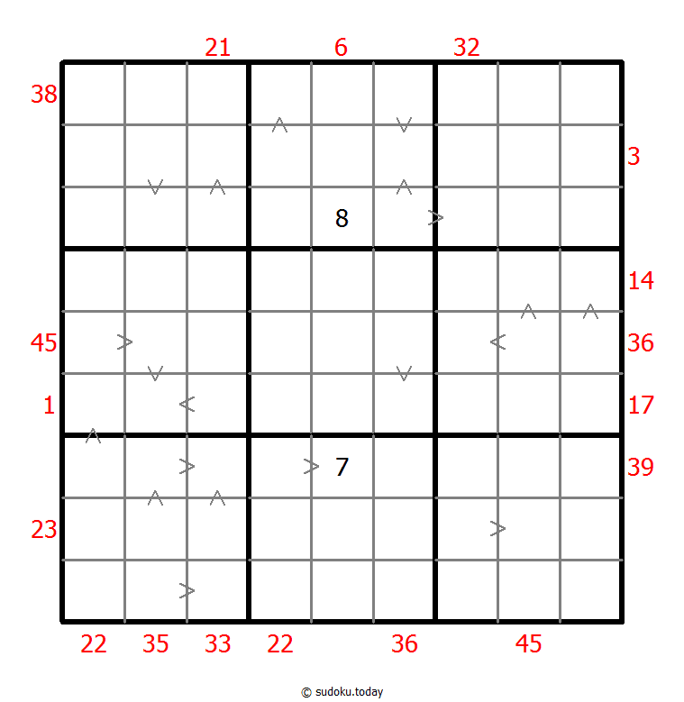 Hybrides Sudoku (XSum+Größer-Als)