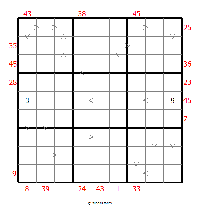 Hybrides Sudoku (XSum+Größer-Als)