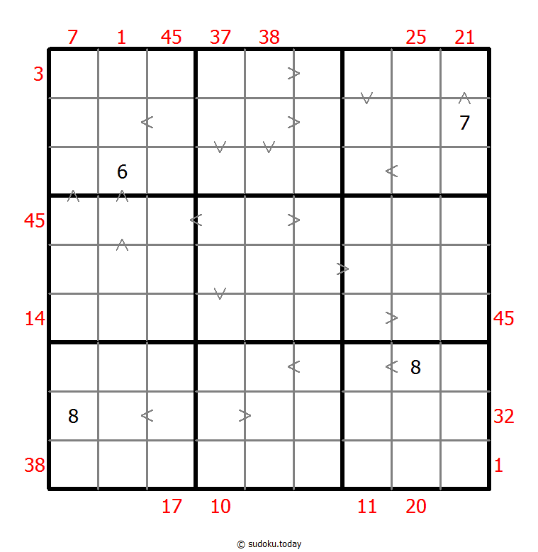 Hybrid Sudoku ( X Sums + Greater Than ) 09. November 2025