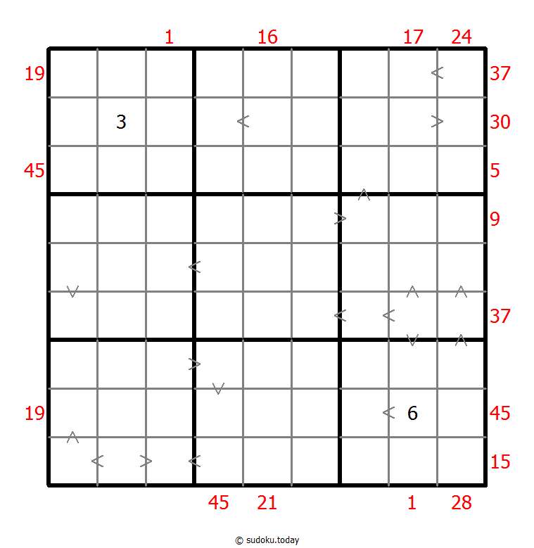 Hybrides Sudoku (XSum+Größer-Als)
